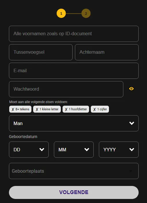 Snel formulier om een spelersaccount aan te maken